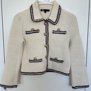 Maje Cream Ribbed Knit Blazer with Black and Burgundy Trim